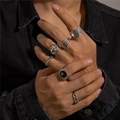 Punk vintage ring set featuring skull and eagle motifs in a retro silver finish - Skull Poker Chain Combo Set (25644-silver)