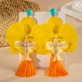 Detail of yellow orchid earrings with turquoise stone studs and orange silk tassels - Yellow Orchid with Orange Tassel (29404-1-yellow)