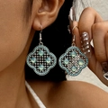 Vintage silver clover drop earrings with green rhinestones and tassel hollow carving - Light Green Four-Leaf Clover Hollow Ethnic Dangle Earrings (27042-green)