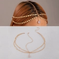 Bohemian gold hair chain with pink gemstone pendant and delicate metallic sequins - Pale Pink Gemstone Style (24522-G) / Gold Style (24522-G)