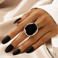 Chunky silver ring featuring a large oval black enamel inlay and textured metal edges - Black Face Silver Edge Large Ring (16916-silver)