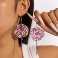 Bohemian round woven beaded earrings in pink, yellow and blue with a silver metal bar - Multicolor Seed Beads Woven Round Dangle Ear Jewelry (28576-colour)
