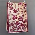 Macro detail of beige floral shawl showing intricate red peony prints and fine tassel edges - 185*65cm / Red