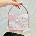 Pink satin evening clutch with white 3D lace flowers and pearl center decoration - Pink