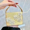 Elegant gold evening bag with white 3D lace flowers, pearls and satin handle - Gold