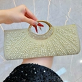 Elegant rectangle evening clutch bag with white pearls and golden metal ring handle - Gold