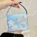 Light blue satin evening bag with white lace 3D flowers and pearl accents - Blue