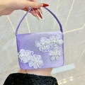 Elegant purple satin handbag with white lace embroidery flowers and pearl accents - Purple