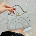 Elegant white pearl evening bag with rhinestone accents and silver metal handle - White
