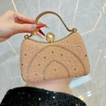 Champagne evening clutch bag with faux pearls, crystals and golden metal handle - Champagne