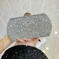 Elegant evening clutch bag with silver rhinestones and pearls held by a model - Black
