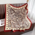 Floral print 90cm square silk scarf with red border hanging on a leather sofa - 90*90cm / Red Edge