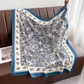 Detail view of large silk scarf with dark blue floral bird print on cream background - 90*90cm / Blue Edge