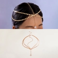 Detail of bohemian gold multi-layer head chain with heart link and pink gem pendant - Heart Pink Gem Style (27554-gold)