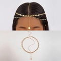 Detail of bohemian gold head chain with multilayer tassels, green beads and shell pendant - Green White Bead Style (27827-hc-G-EP) / Gold Style (27827-hc-G-EP)
