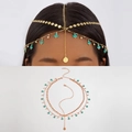 Detailed view of bohemian gold head chain with turquoise flower pendants and layered tassels - Turquoise Flower Style (27828-gold)