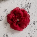 Close-up of deep red fabric rose flower clip with layered tulle petals and pink stamen - Dark Red (27678-3)