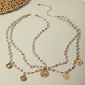 Bohemian gold pearl multi-layer headband and necklace with geometric round pendants - Pearl Round Tag Style (29298-hc-G-1-EP) / Gold Style (29298-hc-G-1-EP)