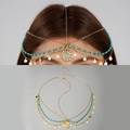 Bohemian gold metal head chain with sky blue beads and sun pendant for hair styling - Sun Disc Multi-layer Style (25338-hc-G-EP) / Gold Style (25338-hc-G-EP)