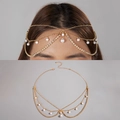 Golden multi-layer hair chain with white pearls and sparkling rhinestone details - Gold Pearl Rhinestone Style (28525-hc-G-EP) / Gold Style (28525-hc-G-EP)