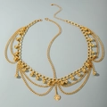 Layered gold body chain with tiny bead charms and engraved circular pendant - Gold Bell Pendant Style (29102-hc-G-EP) / Gold Style (29102-hc-G-EP)