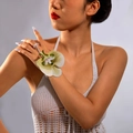 Detail of 3D printed orchid flower and pearl finger chain bracelet for women - Green Orchid (27549-green)