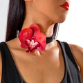 Detailed close-up of a realistic red orchid flower choker with a black leather neckband - Red Gradient Orchid Style (27299-red)
