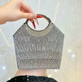 Elegant trapezoid evening bag in silver finish with sparkling rhinestones and metal handle - Black