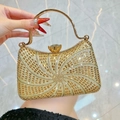 Pochette de soirée dorée élégante avec strass, motif rayon de soleil et poignée en métal - Or