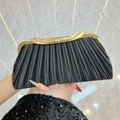 Elegant black pleated evening clutch bag with sparkling rhinestone gold handle for women - Black