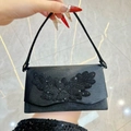 Elegant black satin clutch with oversized crystal flower decor for evening parties - Black