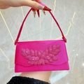Elegant rose pink satin evening clutch bag with sparkling rhinestone wing decoration - Rose Red