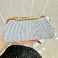 Silver pleated evening clutch bag with gold metal frame and rhinestone top closure - Silver