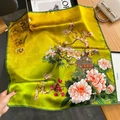 Sciarpa di seta vintage con stampa di padiglioni cinesi e fiori color giallo zenzero - 70*70cm / Verde-giallo