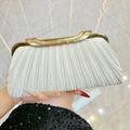 Elegant white pleated evening clutch bag with gold rhinestone frame for party occasions - White