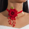 Detailed view of red velvet rose choker with beaded tassels on elegant necklace - Red Rose Tassel Style (27531-1-red)