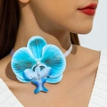 Detailed view of the gradient blue orchid fabric flower choker with a white ribbon tie - Sky Blue Orchid Butterfly Style (30912-nek-blu-EP)