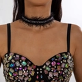 Vintage Maillard style lace choker necklace featuring colorful rhinestones on black velvet - Black Feather Chain (27795-black)