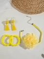 Lemon yellow floral jewelry set with organza rose necklace and beaded bracelets - Yellow (27536)