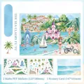 3D-Aquarell-Aufkleber-Set Küste mit PET-Stickern und Hintergrundkarte zum Basteln - Schwimmende Insel Meeresgeschichte