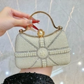Elegant pearl evening handbag in creamy white with gold hardware and beaded pattern - Off White
