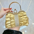 Exquisite pleated gold evening bag with sparkling diamond-encrusted accents and metal ring - Gold