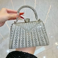Elegant silver evening clutch bag with pearls and rhinestones geometric V-pattern - Silver