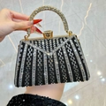 Elegant black beaded evening bag with luxury rhinestone handle for formal banquets - Black