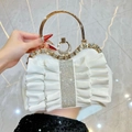Elegant white pleated evening clutch bag with luxury rhinestones and gold metal handle - White