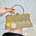 Champagne gold luxury evening bag with sequins, 3D floral accents, and metal ring handle - Gold
