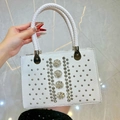 Borsa a mano bianca motivo serpente con fiori di cristallo e manico intrecciato - Bianco