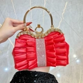 Elegant red pleated evening clutch bag with crystal bow design and gold ring handle - Red