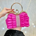 Elegant rose red pleated evening clutch bag with sparkling diamond trim and metal handle - Rose Red