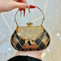 Luxury black glitter evening clutch with gold grid pattern and sparkling rhinestone bow - Black